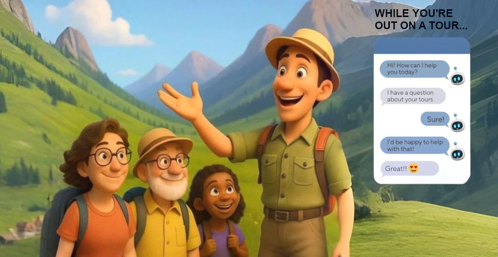 Tour guide with a group by a mountain, while a chatbot is helping a customer.